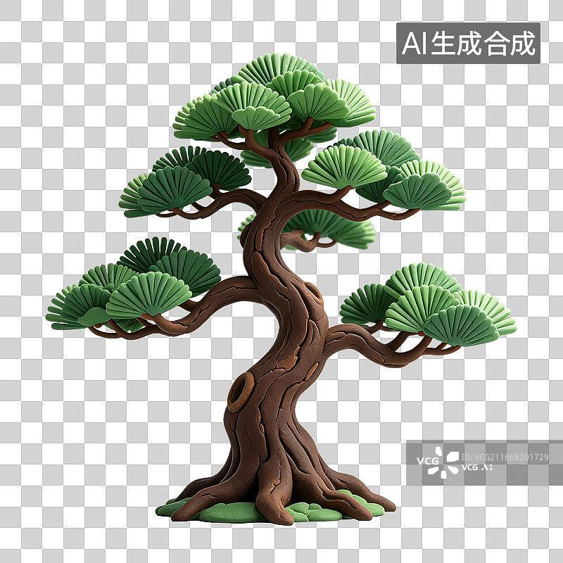 【AI数字艺术】3D粘土轻拟物国风迎客松元素图片素材