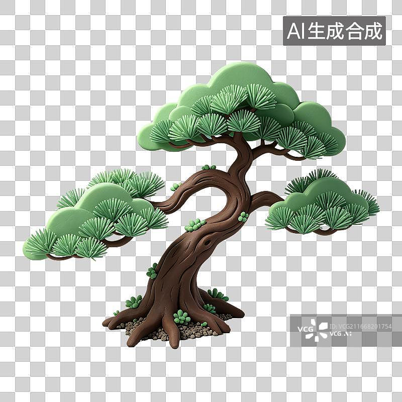 【AI数字艺术】3D粘土轻拟物国风迎客松元素图片素材