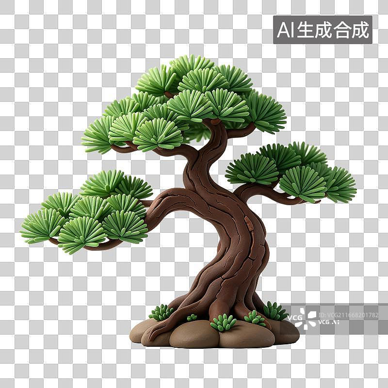 【AI数字艺术】3D粘土轻拟物国风迎客松元素图片素材