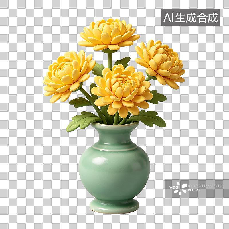 【AI数字艺术】3D粘土轻拟物青瓷瓶黄菊插花元素图片素材
