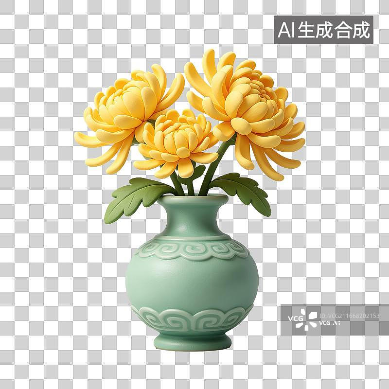【AI数字艺术】3D粘土轻拟物青瓷瓶黄菊插花元素图片素材