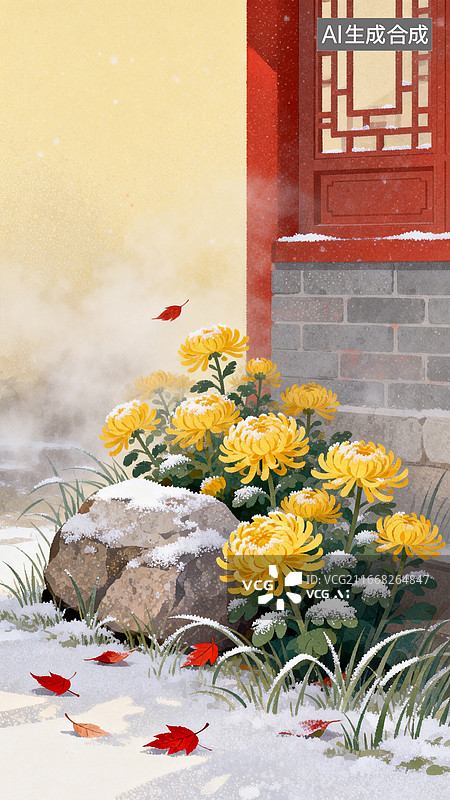 【AI数字艺术】秋菊红叶插画国风庭院背景节气海报图片素材