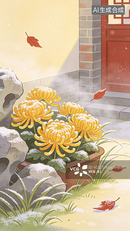 【AI数字艺术】秋菊红叶插画国风庭院背景节气海报图片素材