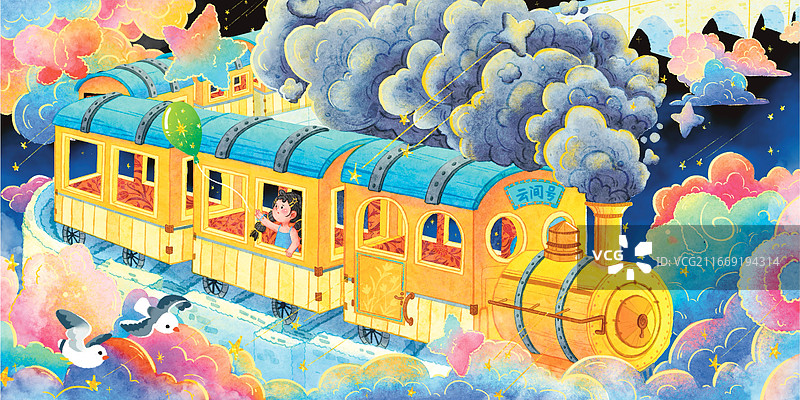 星空云海间的云间列车清新治愈儿童插画图片素材