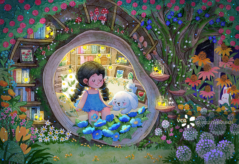 夜晚女孩的房间治愈系梦幻儿童插画图片素材