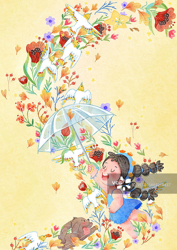 随风而行的撑伞女孩清新治愈儿童插画图片素材