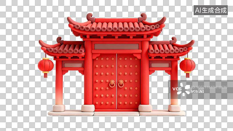 【AI数字艺术】红色中式建筑模型展示图片素材