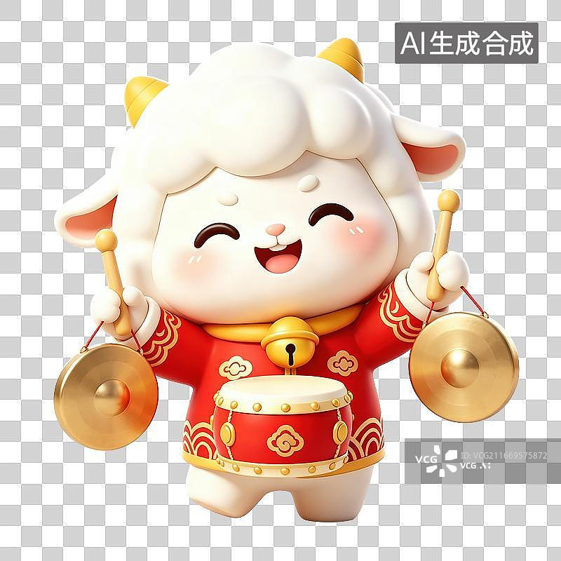【AI数字艺术】卡通萌羊敲鼓互动羊年新年IP形象3D素材图片素材