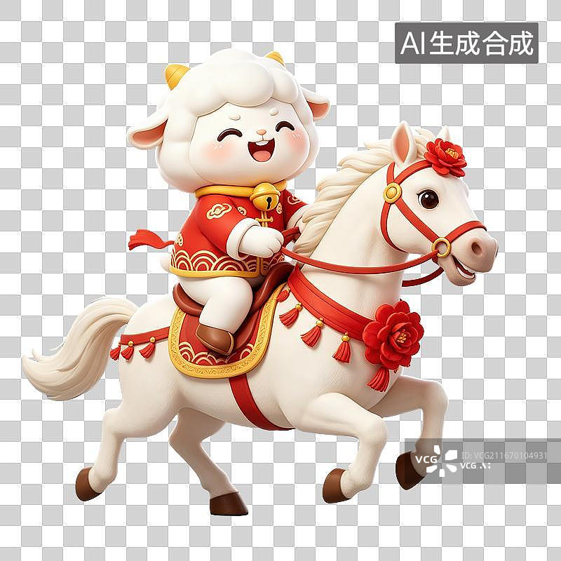 【AI数字艺术】卡通萌羊骑白马互动羊年新年IP形象3D素材图片素材