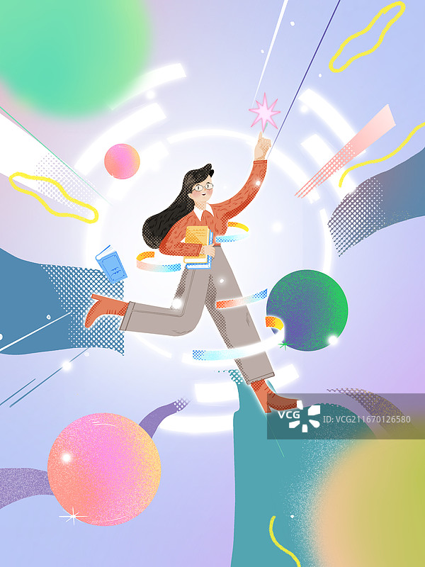 女人在光束中手托星辰图片素材