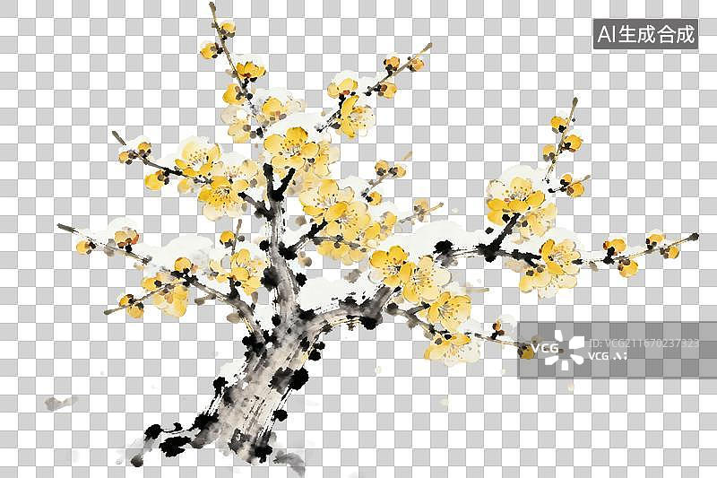 【AI数字艺术】插画风格，被积雪覆盖的一株腊梅花PNG格式的免抠元素图片素材
