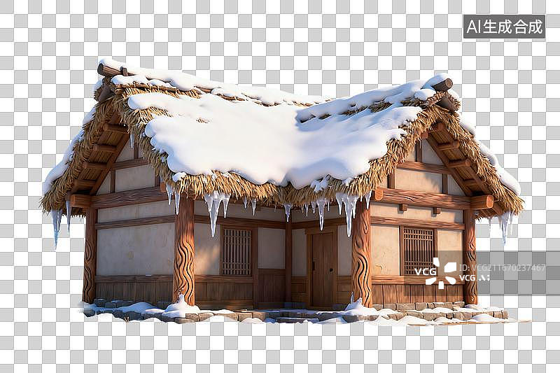 【AI数字艺术】插画风格，被积雪覆盖的古代茅草屋PNG格式的免抠元素图片素材