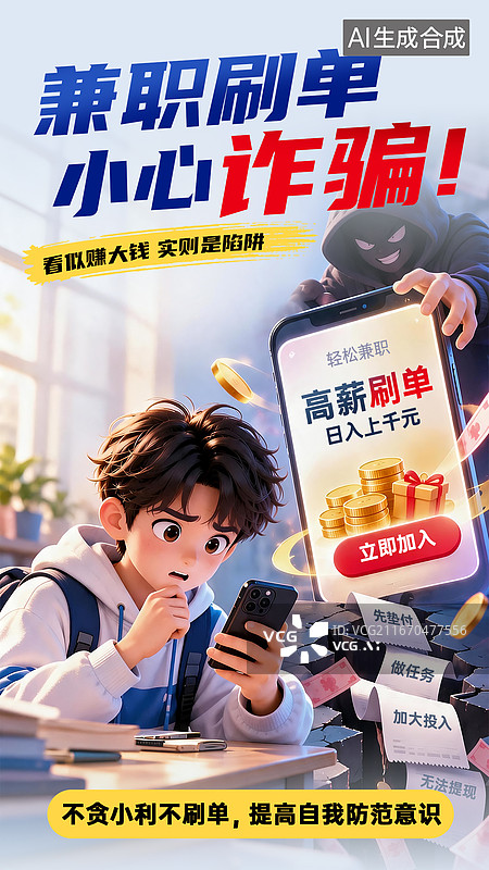 【AI数字艺术】青少年大学生防兼职刷单诈骗宣传海报设计模板图片素材