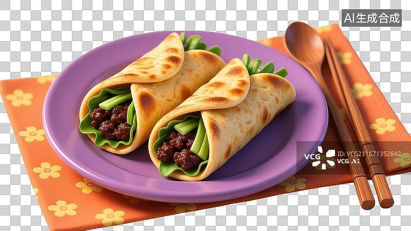 【AI数字艺术】紫盘盛放两份肉卷配青菜图片素材