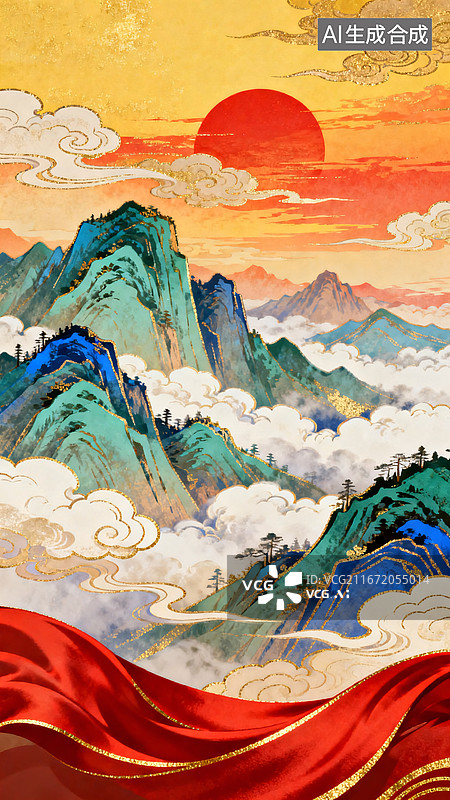 【AI数字艺术】景泰蓝掐丝珐琅新国风插画锦绣山河旭日图图片素材
