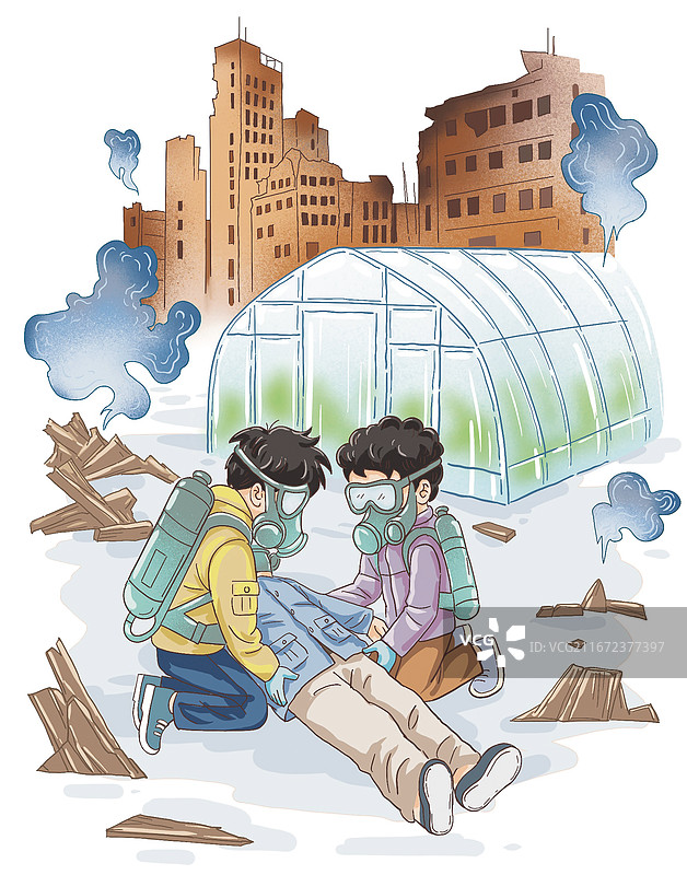 彩色插画废墟城市防毒面罩救援温室环境灾难地球科幻星球未来臆想幻想童话图片素材