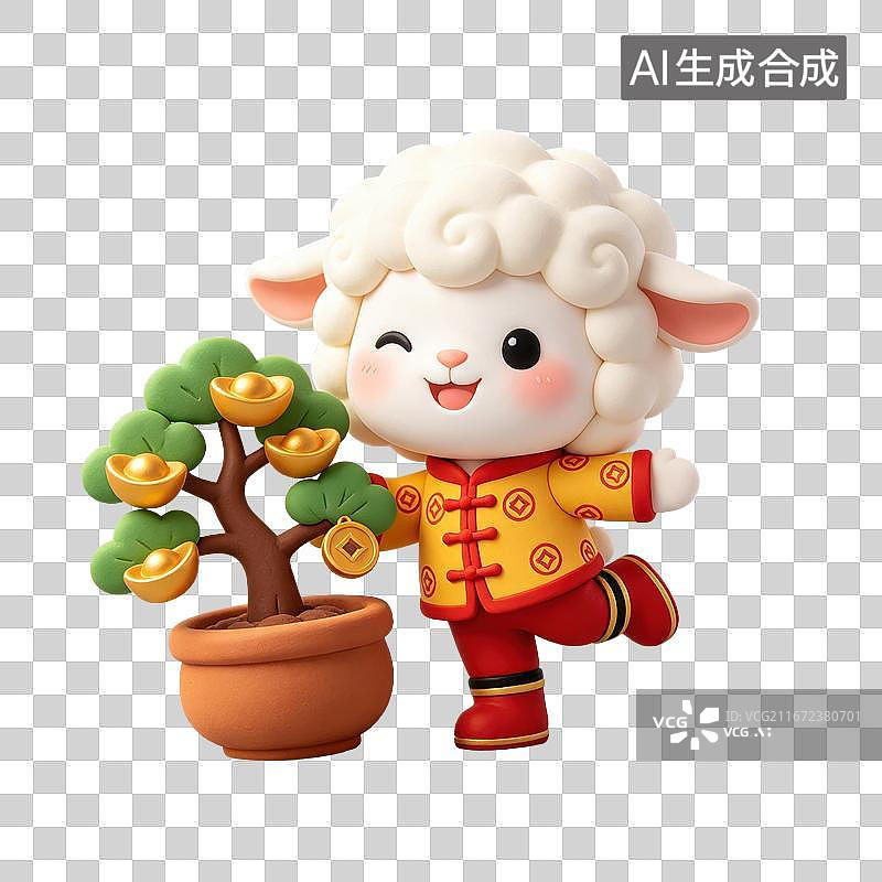 【AI数字艺术】3D立体羊年春节拟人羊玩偶穿着中式服装拿着一盆发财树元素图片素材