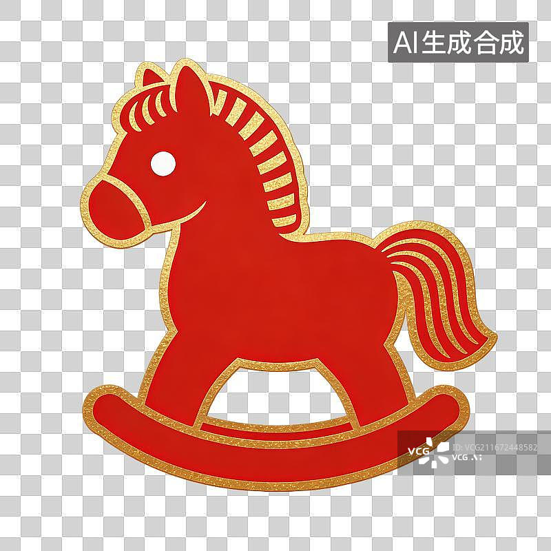 【AI数字艺术】3D渲染免抠图形元素金色描边红色玩具木马摇摇马图片素材