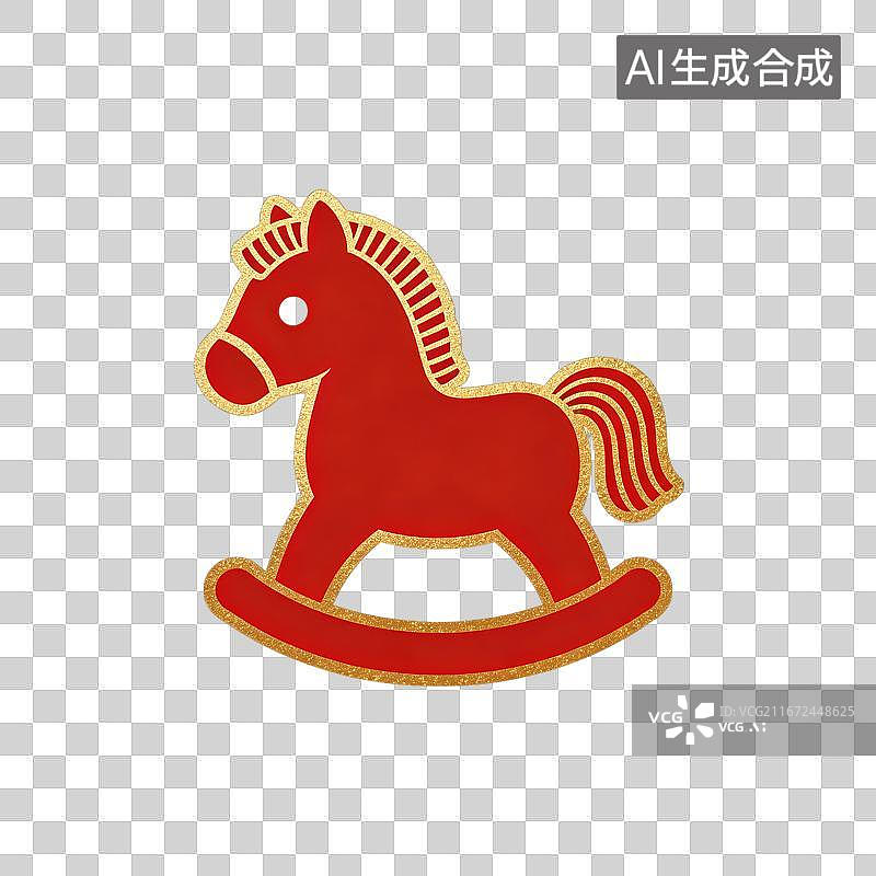 【AI数字艺术】3D渲染免抠图形元素金色描边红色玩具木马摇摇马图片素材