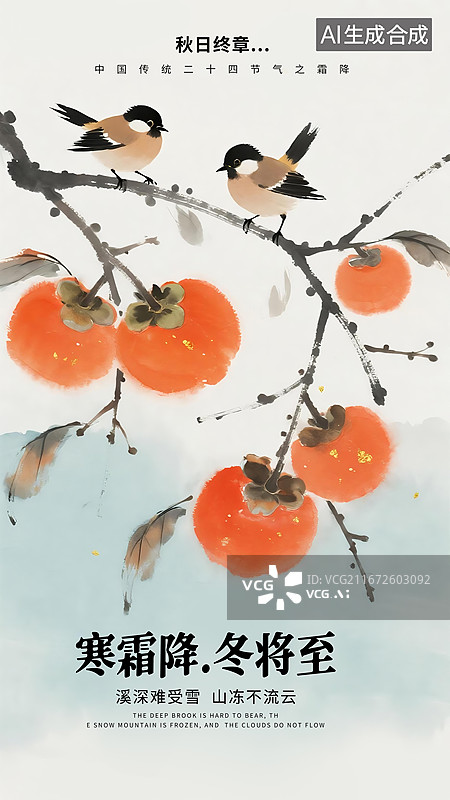 【AI数字艺术】二十四节气秋天插画海报，柿子树上的白霜，两只小鸟停在枝头， 柿子熟了，硕果累累，竖版图片素材