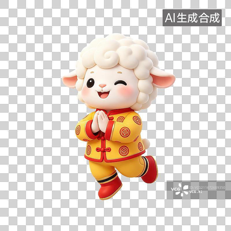 【AI数字艺术】3D立体羊年春节拟人羊玩偶穿着中式服装作揖元素图片素材