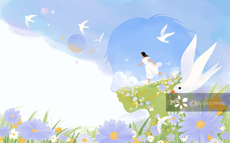 少女追逐恋人飞鸟花丛天空星晨清新肌理插画图片素材