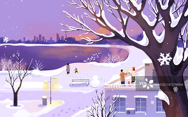 冬季大雪树木雪地雪花城市楼顶放烟花人物清新肌理插画图片素材