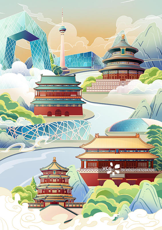 北京城市国风插画图片素材
