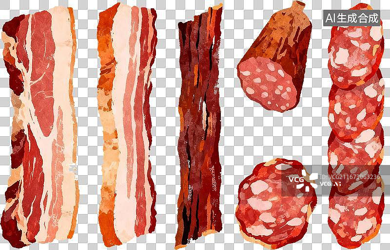 【AI数字艺术】不同美味的腊肉香肠肉干水彩插画图片素材