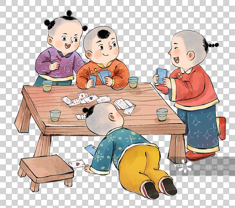 手绘水墨年俗大年初四大家聚会打牌免抠元素图片素材