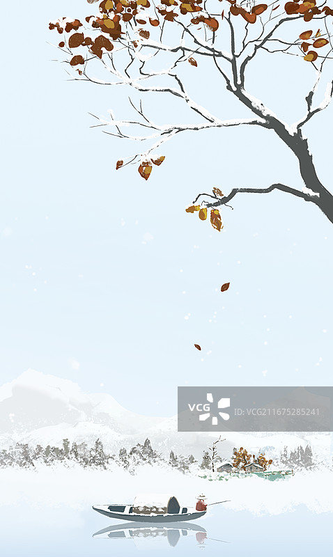 新中式水墨寒江独钓冬季山水雪景插画图片素材