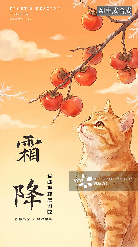 【AI数字艺术】霜降节气海报猫咪望柿想偷吃图片素材