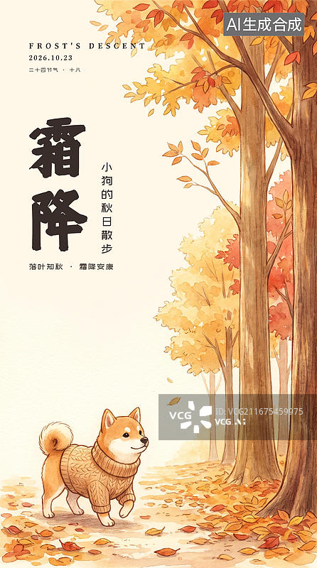 【AI数字艺术】霜降节气海报小狗秋日漫步图片素材