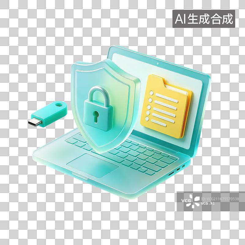 【AI数字艺术】3D磨砂玻璃材质笔记本电脑数据安全防护元素图片素材
