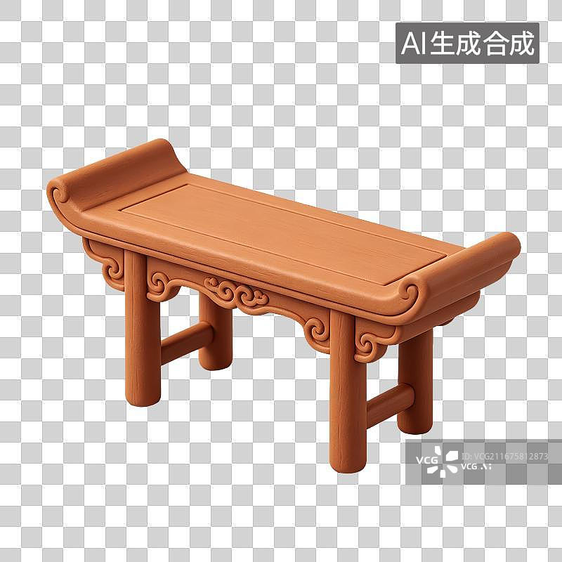【AI数字艺术】3D粘土轻拟物卷云翘头小木案元素图片素材