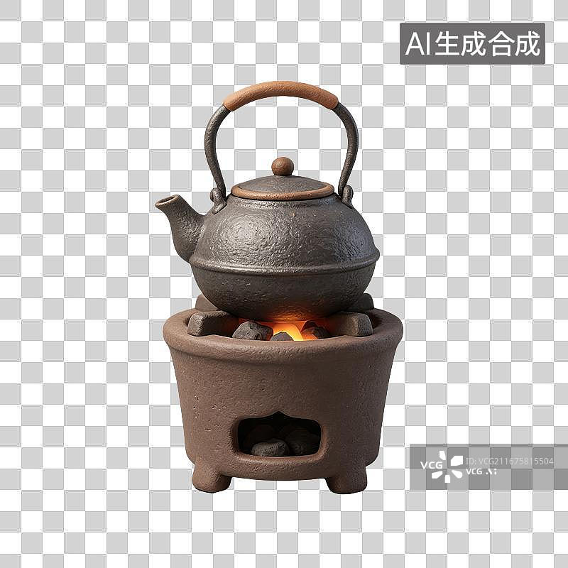 【AI数字艺术】3D粘土轻拟物煮茶铁壶炭炉元素图片素材