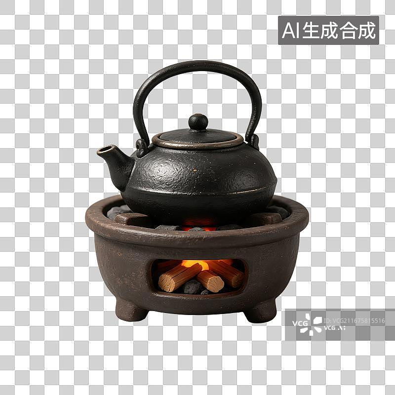 【AI数字艺术】3D粘土轻拟物煮茶铁壶炭炉元素图片素材