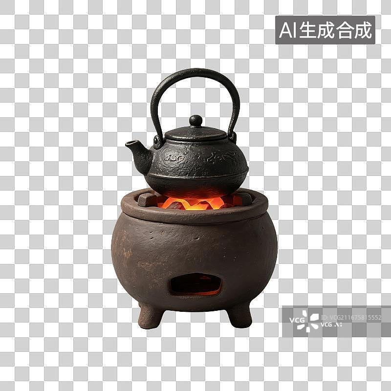 【AI数字艺术】3D粘土轻拟物煮茶铁壶炭炉元素图片素材