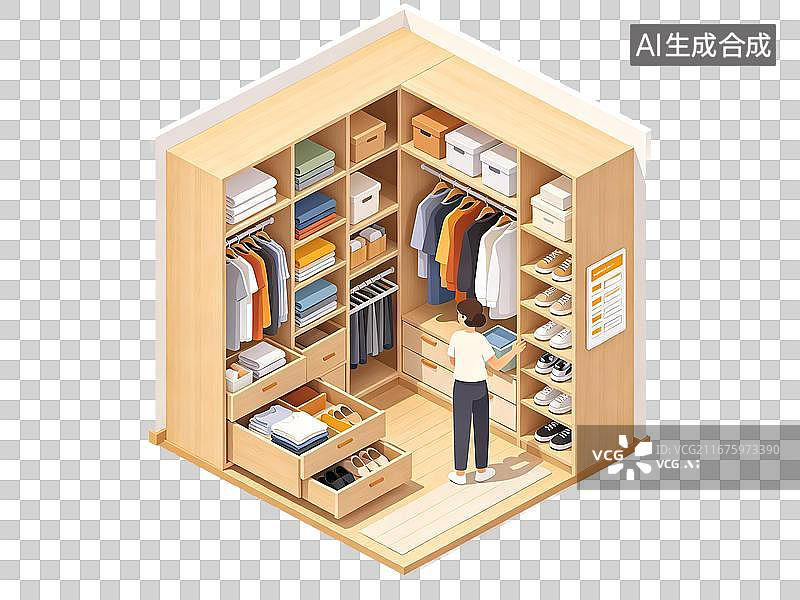 【AI数字艺术】立体开放式衣柜收纳分区免抠元素图片素材