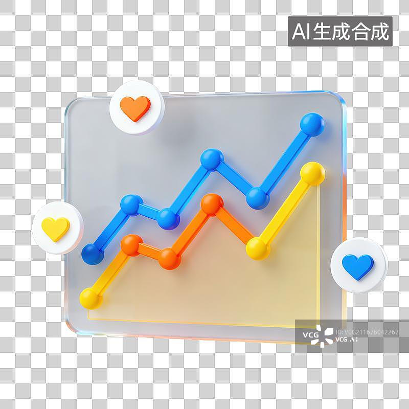 【AI数字艺术】3D磨砂玻璃爱心数据增长折线元素图片素材