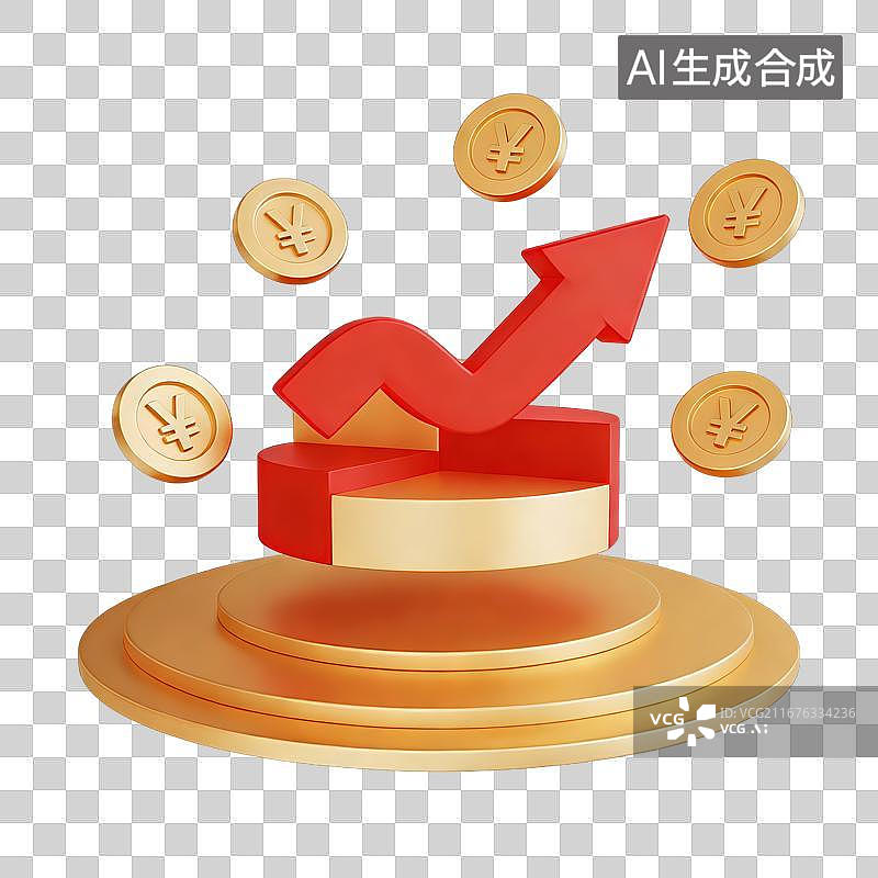 【AI数字艺术】3D渲染免抠图形元素金色圆形底座上饼图与红色弯曲向上箭头和周边悬浮着带有人民币￥符号金币硬币图片素材
