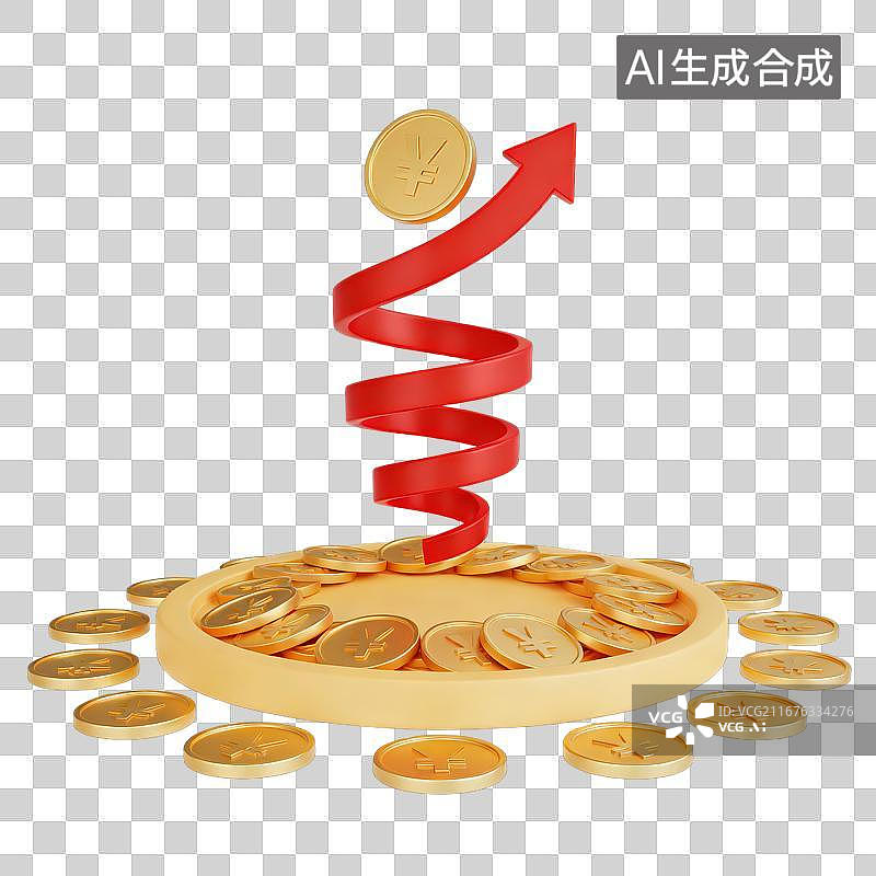 【AI数字艺术】3D渲染免抠图形元素圆形托板托盘上堆叠的带有人民币￥符号的硬币金币和红色向上箭头图片素材