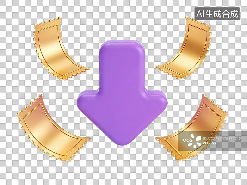 【AI数字艺术】3D渲染免抠图形元素立体紫色向下箭头环绕金色优惠券票券图片素材