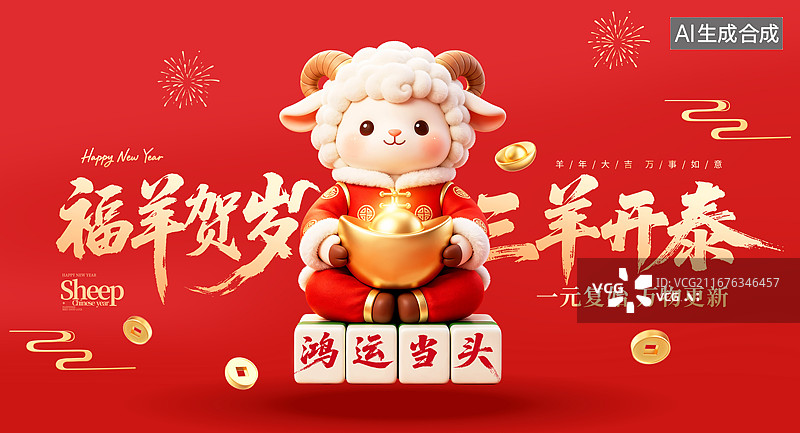 【AI数字艺术】2027羊年贺岁海报，喜庆卡通羊捧金元宝坐在鸿运当头的麻将上贺新春，红色背景，横版图片素材