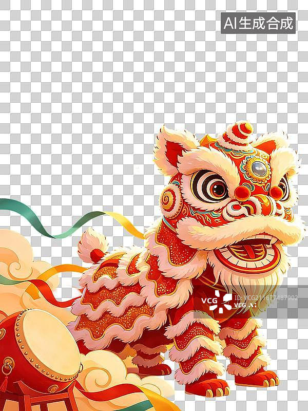 【AI数字艺术】节日插画 红色两只舞狮 烟花盛放 国风绘画笔触 团圆喜乐 新春banner活动海报电商首页背景喜庆图片素材