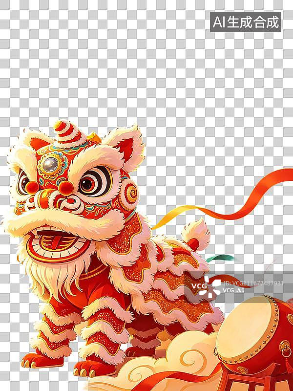 【AI数字艺术】节日插画 红色两只舞狮 烟花盛放 国风绘画笔触 团圆喜乐 新春banner活动海报电商首页背景喜庆图片素材
