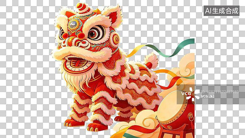 【AI数字艺术】节日插画 红色两只舞狮 烟花盛放 国风绘画笔触 团圆喜乐 新春banner活动海报电商首页背景喜庆图片素材