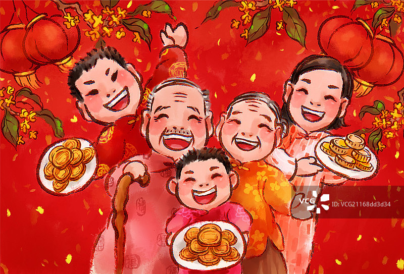 中秋吃月饼的一家五口图片素材