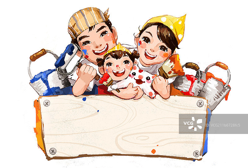 装修的快乐的一家三口图片素材