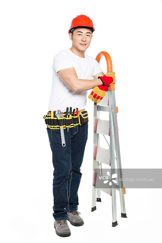 一个维修工人和他的梯子图片素材